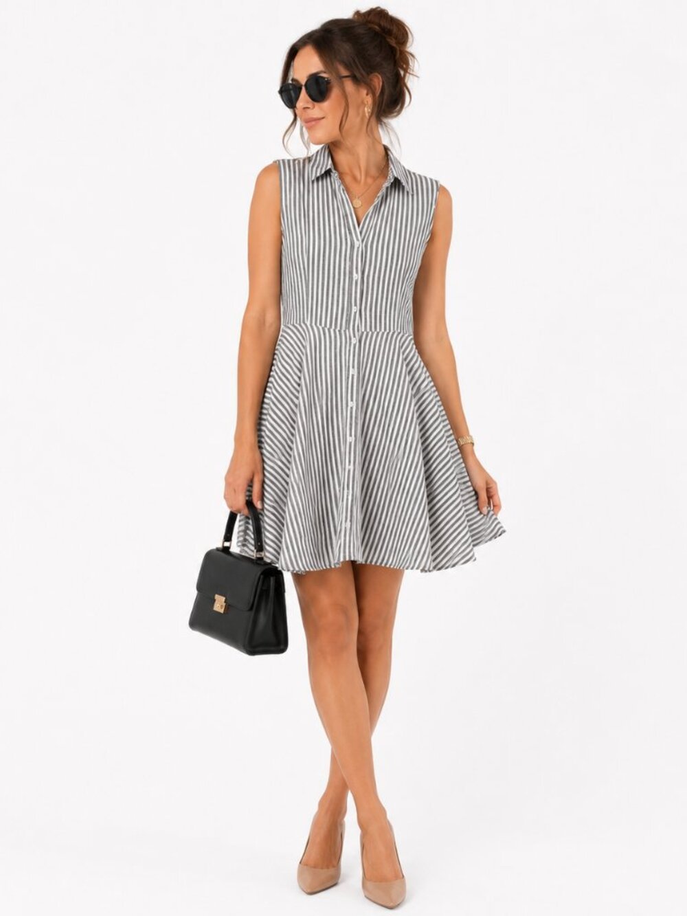 Moral Fiber Stripe Fit Flare Dress Womens XL White Gray Cotton NWT Preppy Summer